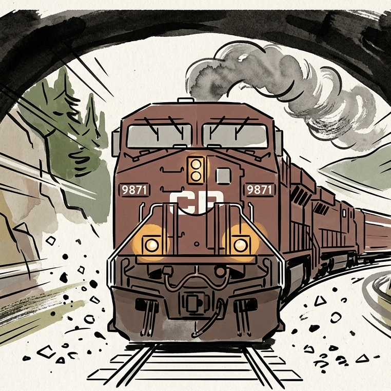 Train coming out of a tunnel — on track, on course