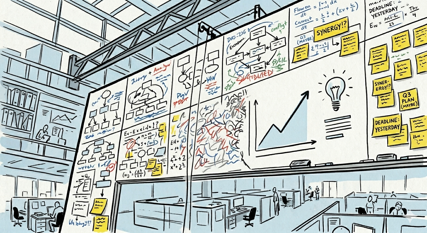 Whiteboard with audit charts, sticky notes, and brainstorm equations